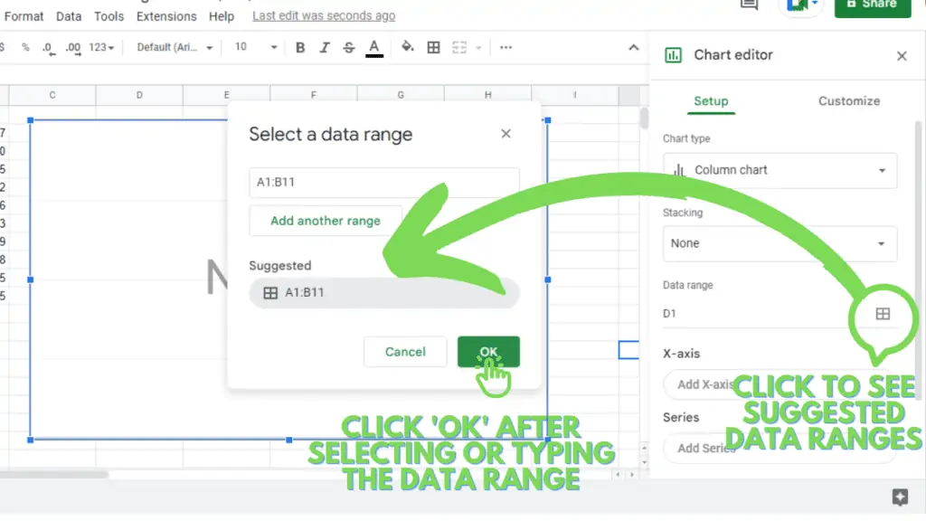 Selecting or typing in a data range in the chart editor