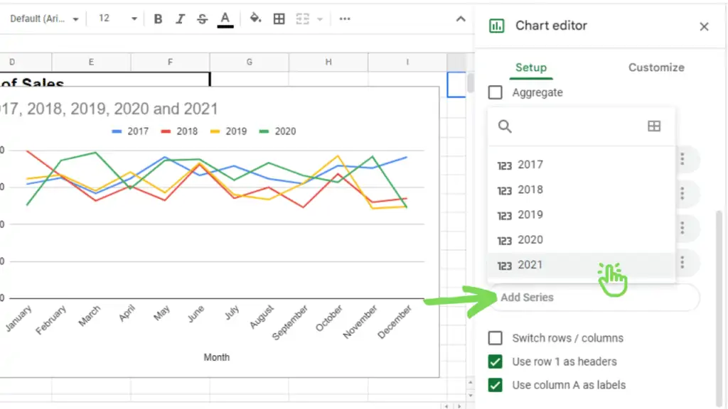 Click on add series to add a new trend line in a Google Sheets chart