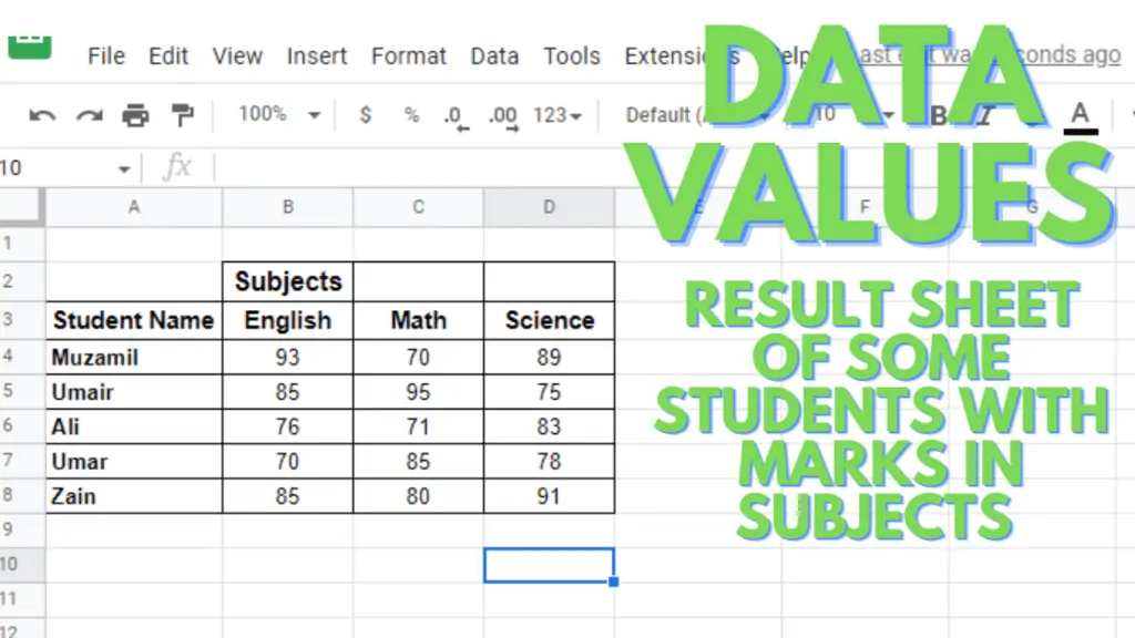 Data Values - Result Sheet