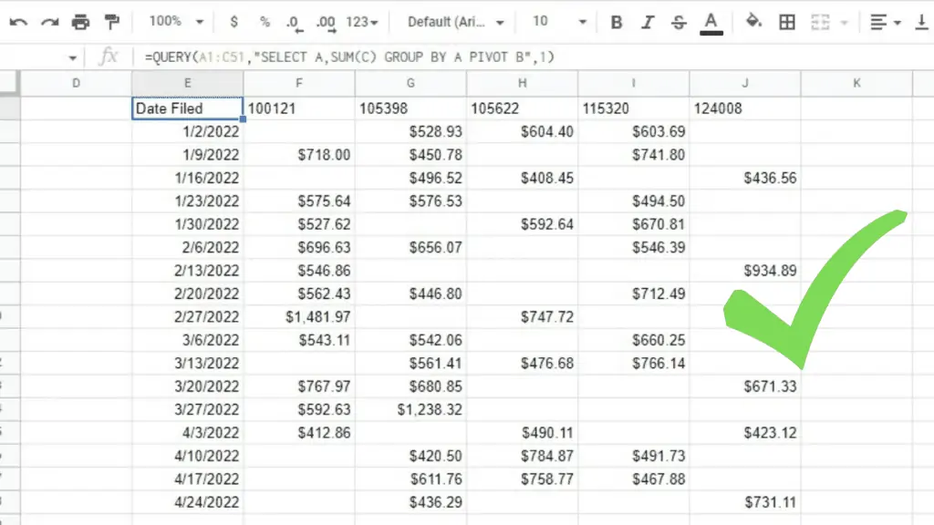 The pivot query for the payout record sample