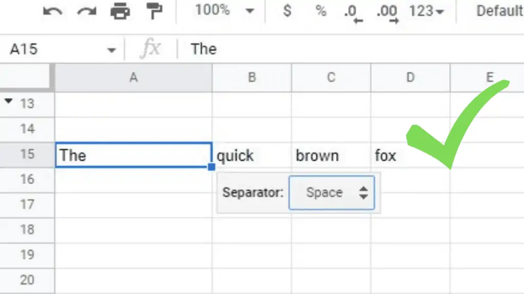 The | quick | brown | fox – separated into four different cells