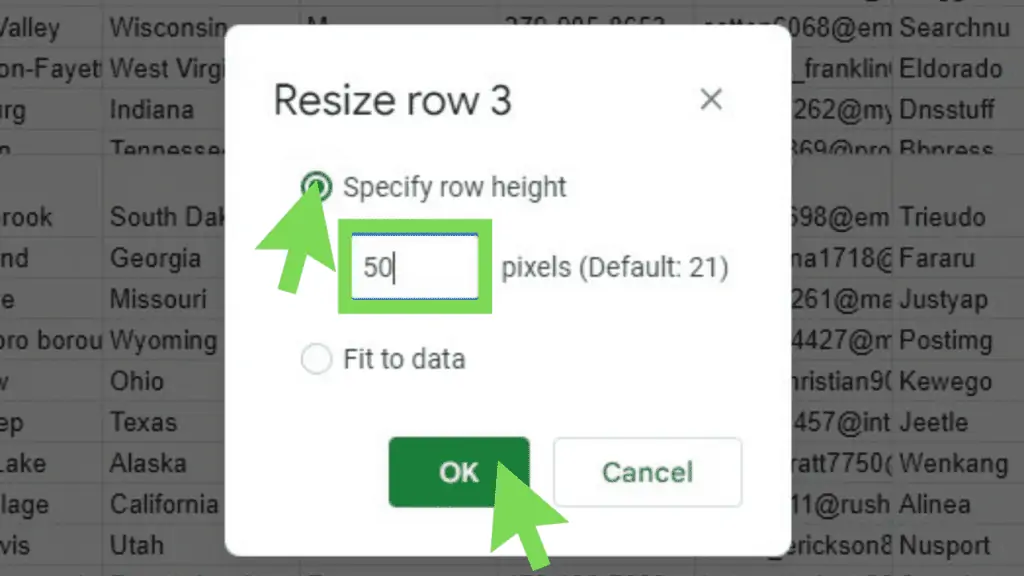 Resizing window with the ‘Specify row height’ option selected