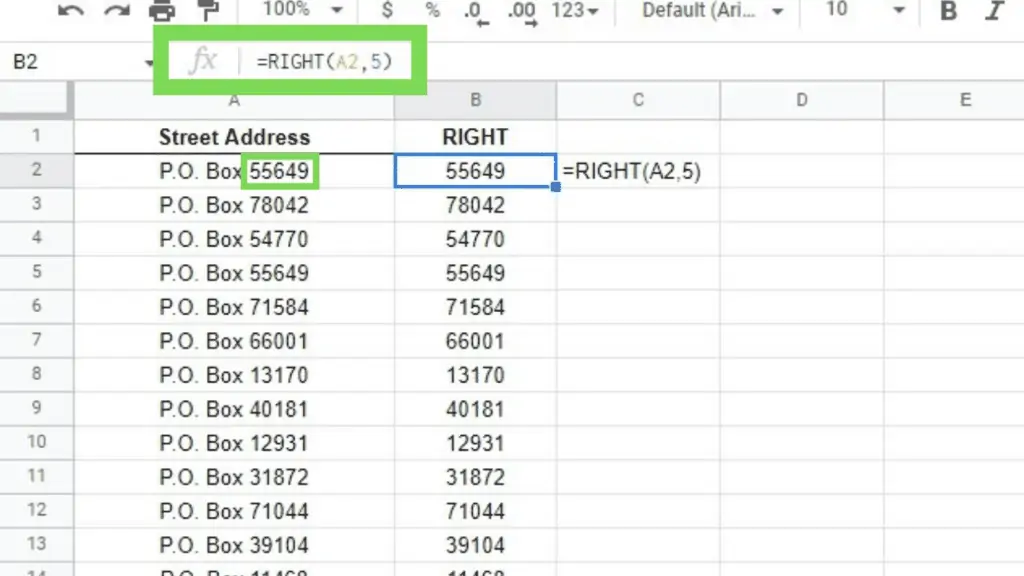 RIGHT Function applied to a P.O. Box Address Dataset