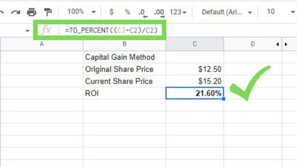 Sample dataset for Capital Gain Method showing original versus current share prices and the ROI in Google Sheets