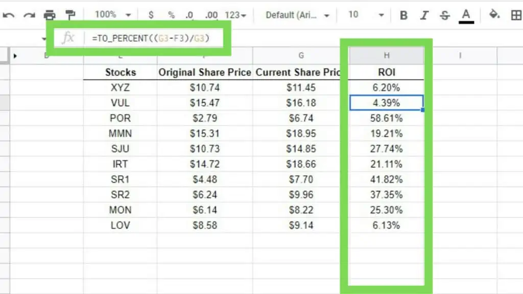 Sample array dataset for Capital Gain Method showing original versus current share prices and the ROI in Google Sheets