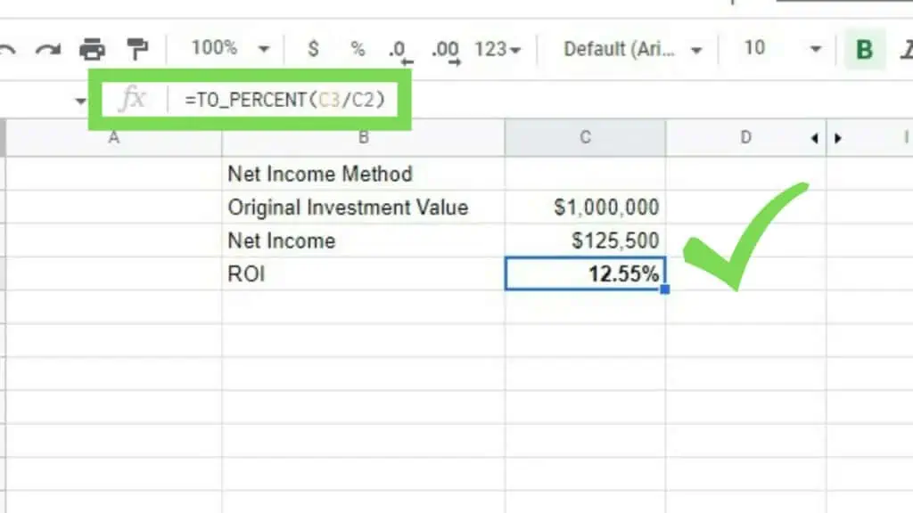 Sample dataset for Net Income Method showing original investment value and its net income along with the ROI in Google Sheets