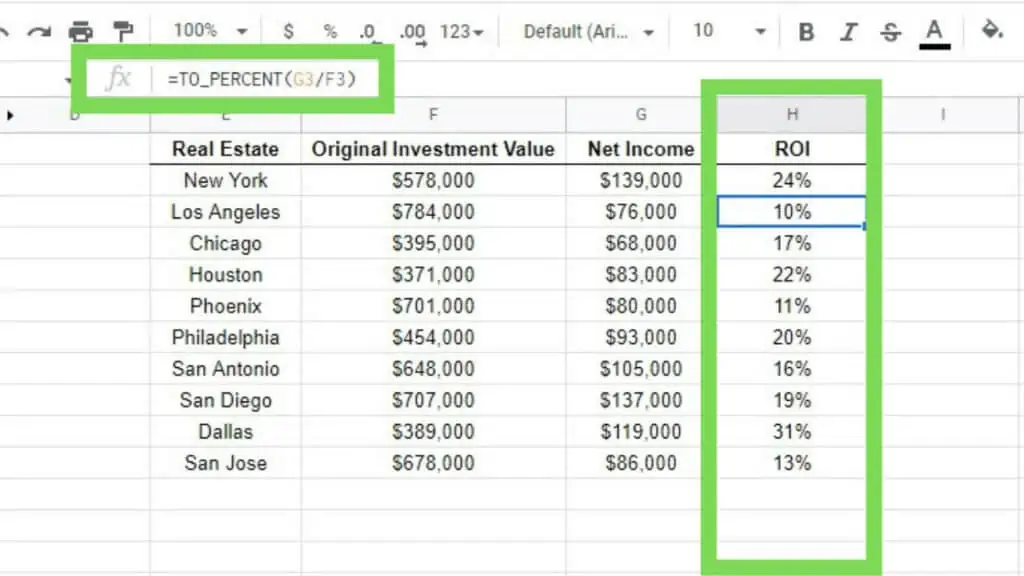 Sample array dataset for Net Income Method showing original investment value and its net income along with the ROI in Google Sheets