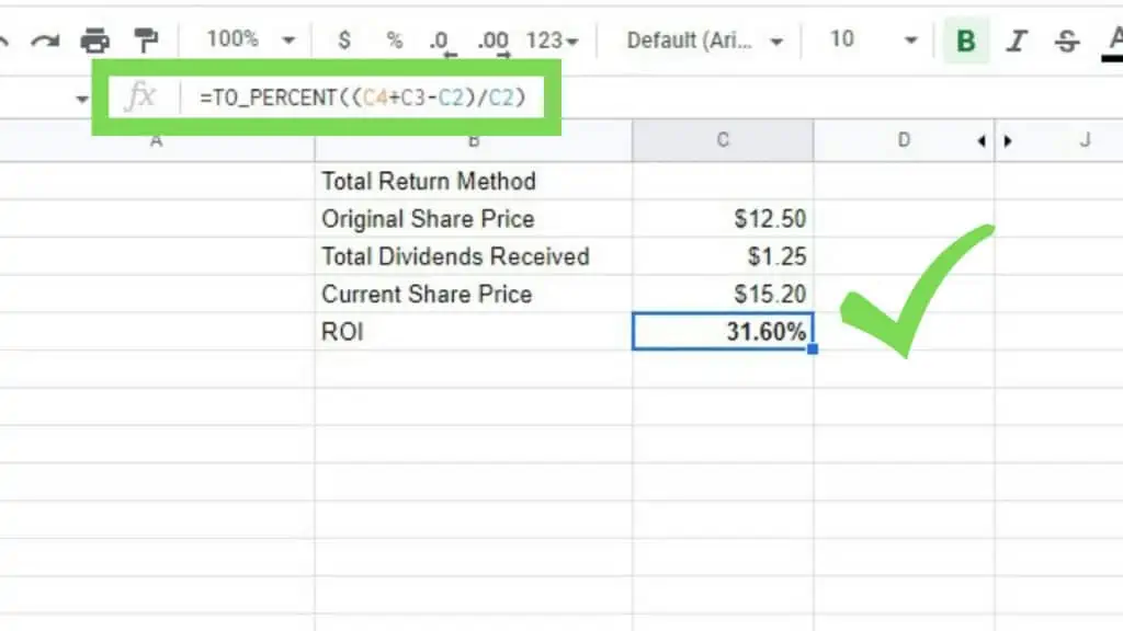 Sample dataset for Total Return Method showing original share price, total dividends received, and current share price along with the ROI in Google Sheets