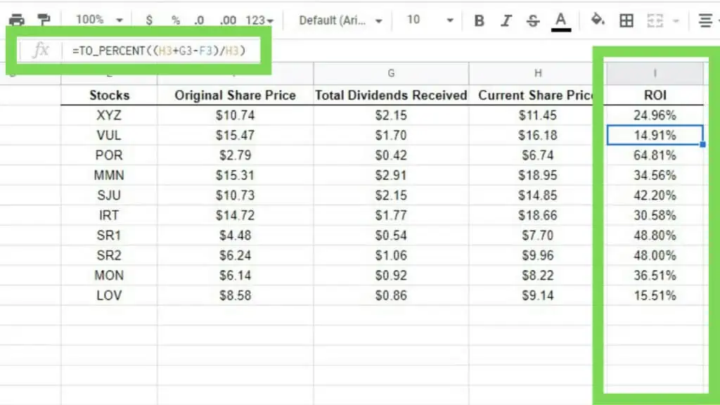 Sample array dataset for Total Return Method showing original share price, total dividends received, and current share price along with the ROI in Google Sheets