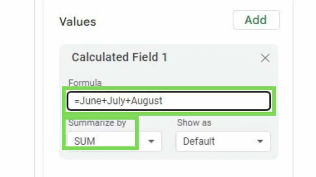 The values property of the ‘Pivot table editor’ with the ‘Formula’ and ‘Summarize by’ fields filled out