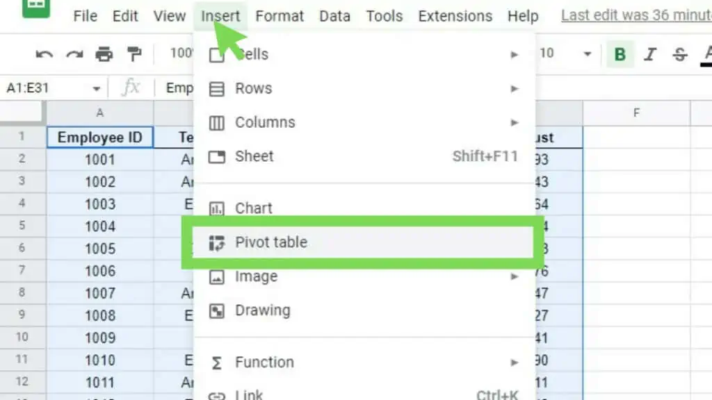 ‘Insert’ menu and the Pivot table option