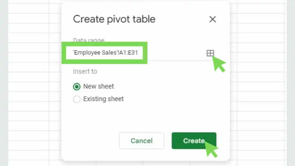 ‘Create pivot table’ window