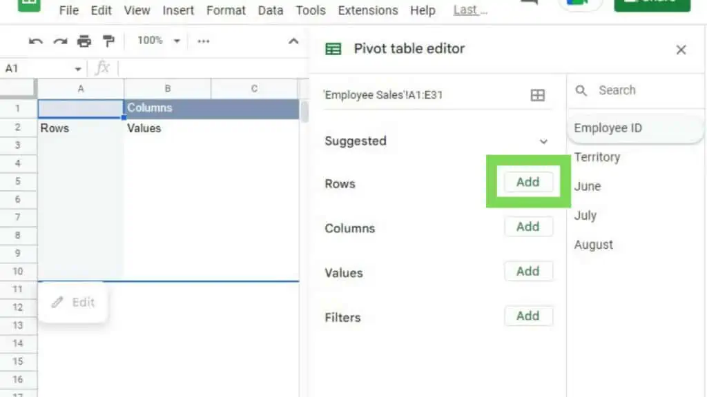 Default pivot table and the ‘Pivot table editor’
