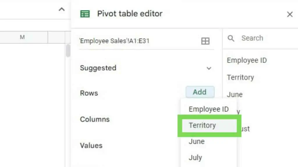 ‘Pivot table editor’ and its ‘Rows’ field values