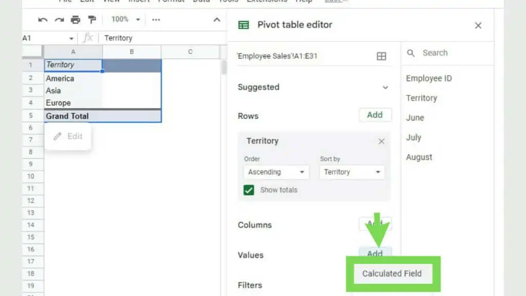 Adding the ‘Calculated Field’ as a value to the pivot table