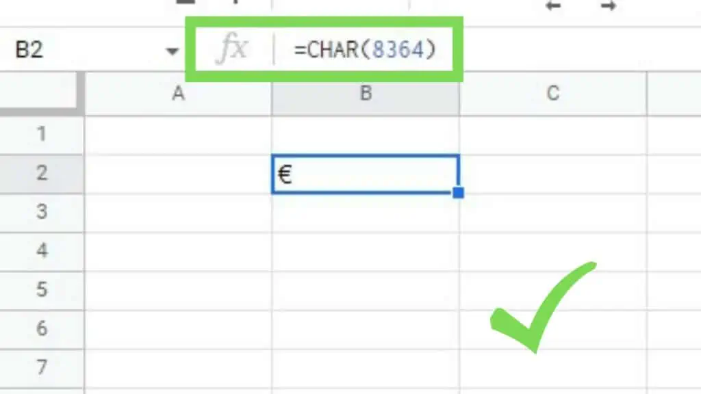 CHAR(8364) outputs the Euro sign in Google Sheets