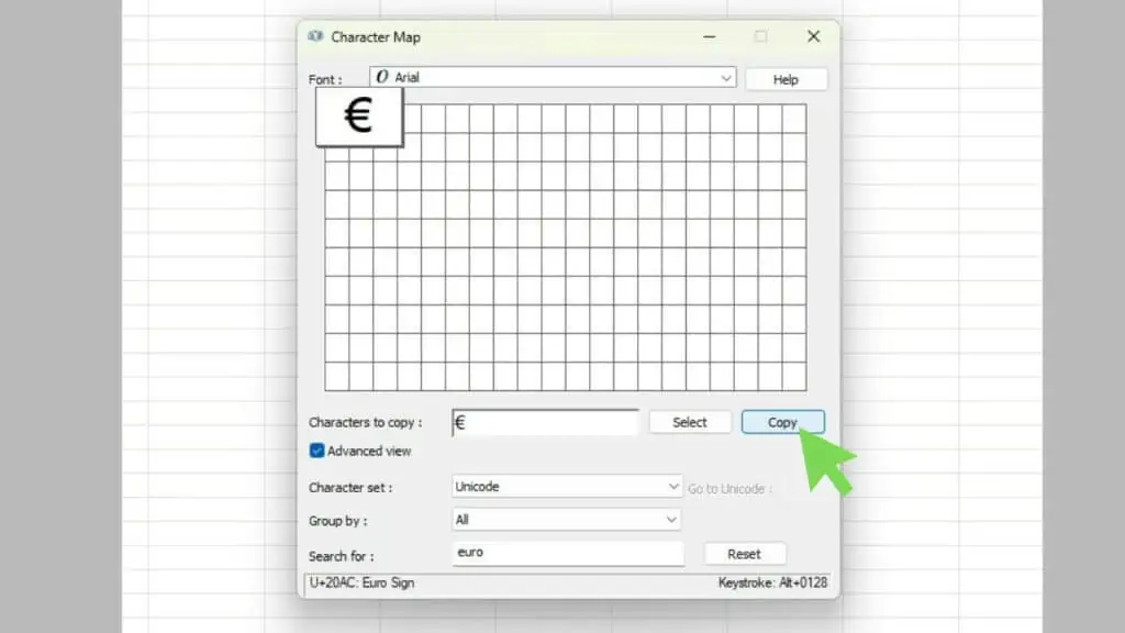 The Euro sign in the Character Map application