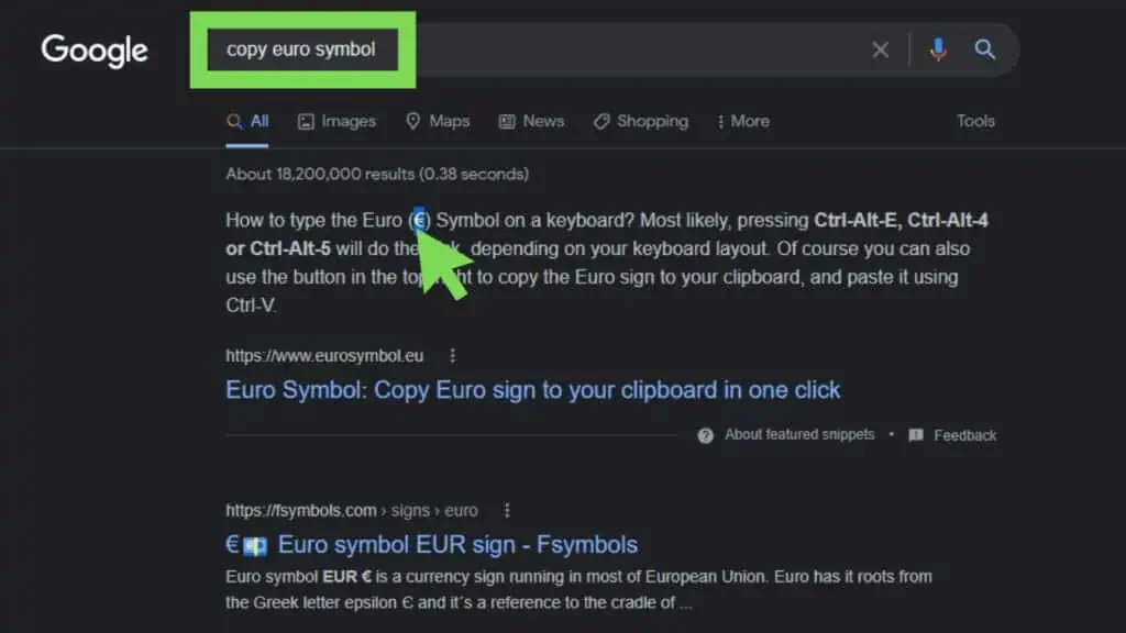 Google Search result for ‘copy euro symbol’
