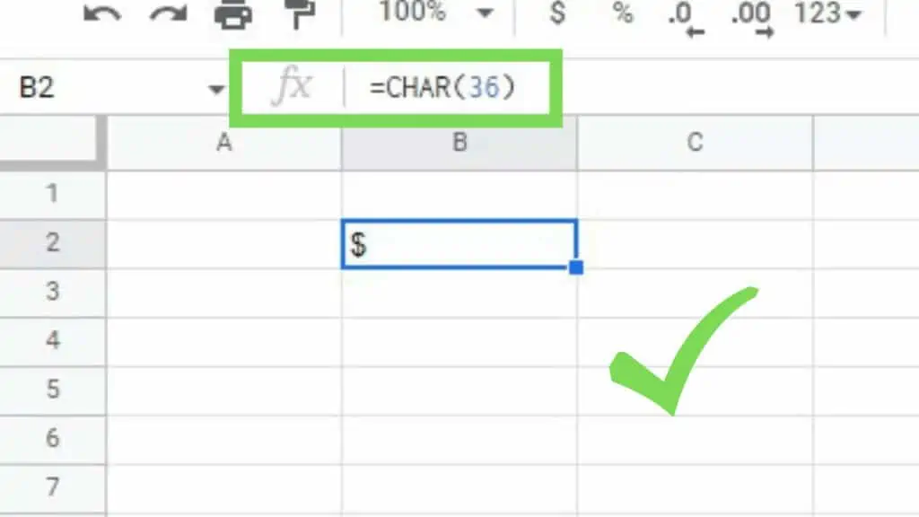 CHAR(36) outputs the Dollar sign in Google Sheets