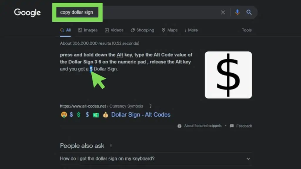 Google Search result for ‘copy dollar sign’