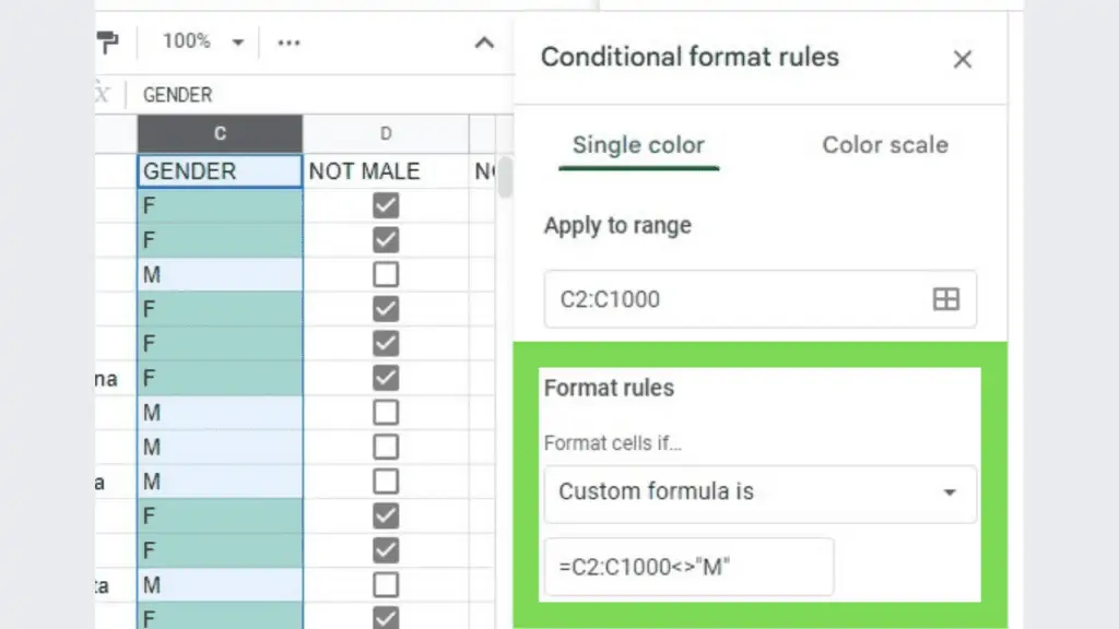 Format rules: "Custom formula is"