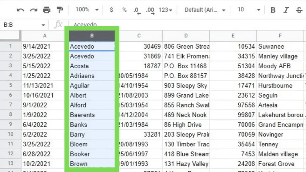 Sorted sample spreadsheet