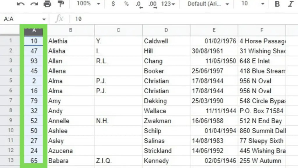 The sample dataset with an index column has been sorted