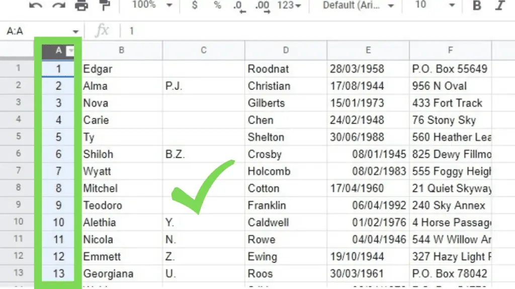 The unsorted sample dataset with an index column