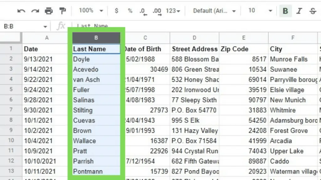 A sample similar to spreadsheets associated with Google Forms