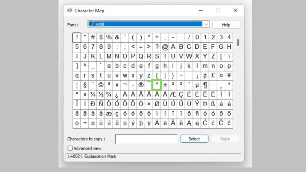 The degree symbol highlighted in the Character Map