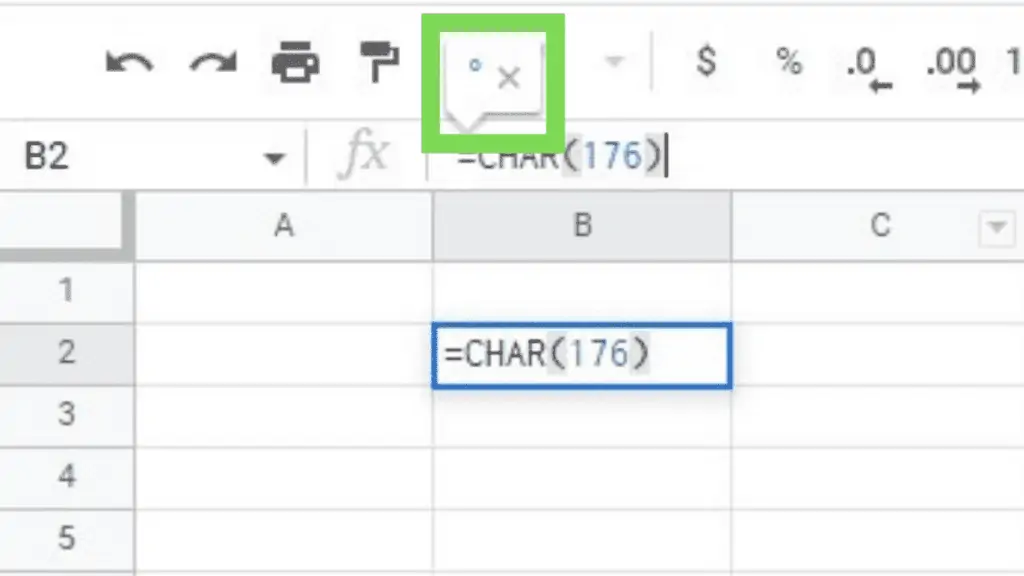Typing in ‘=CHAR(176) in the formula bar with the degree symbol showing as a preview