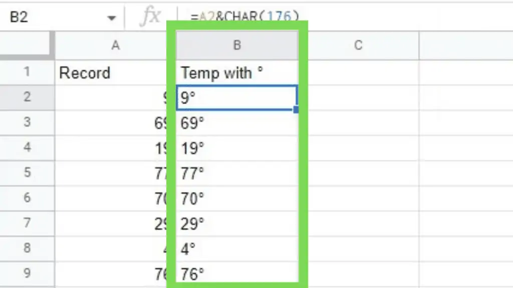 Recorded dataset of temperatures with the degree symbol