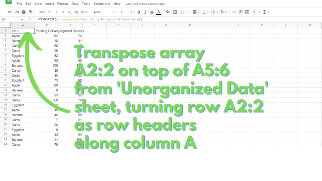 =TRANSPOSE({'Unorganized Data'!A2:2;'Unorganized Data'!A5:6})