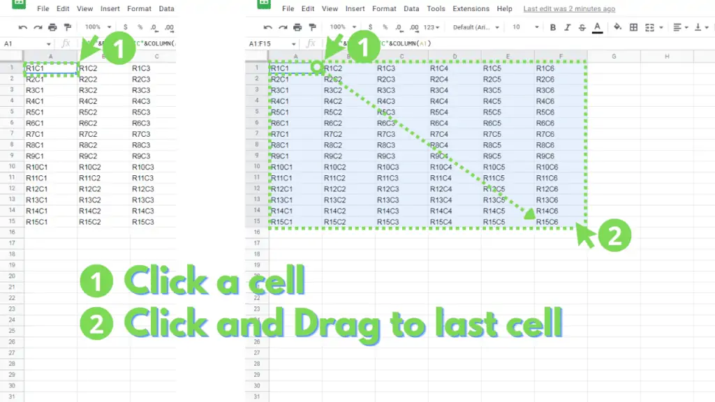 Clicking a cell or click+dragging a range