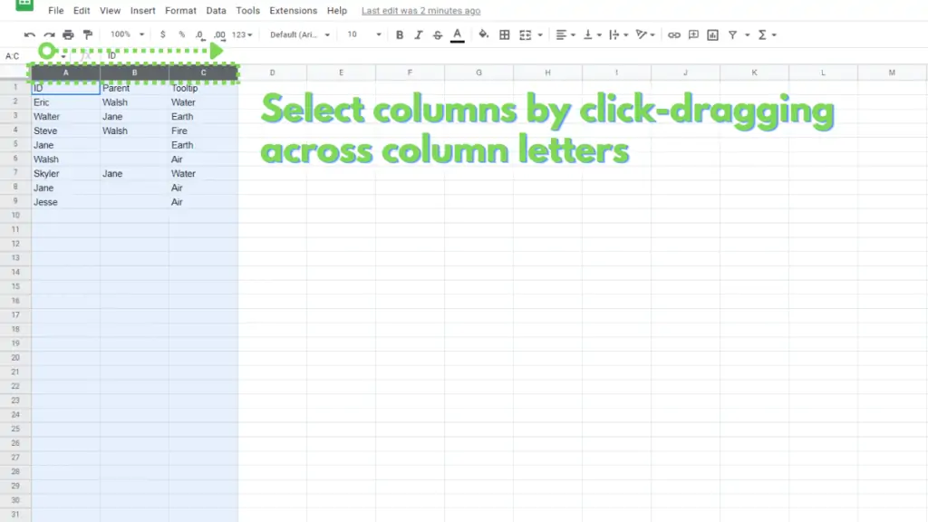 Clicking the column letters