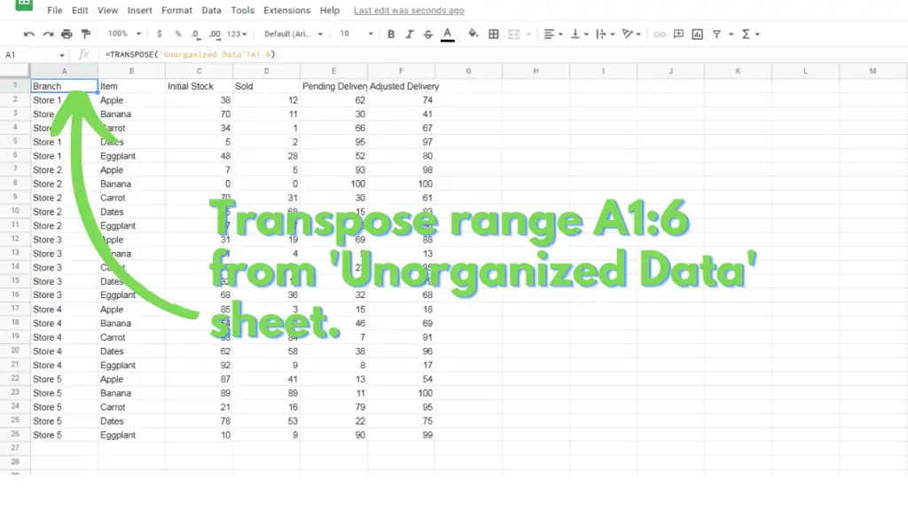 =TRANSPOSE('Unorganized Data'!A1:6)