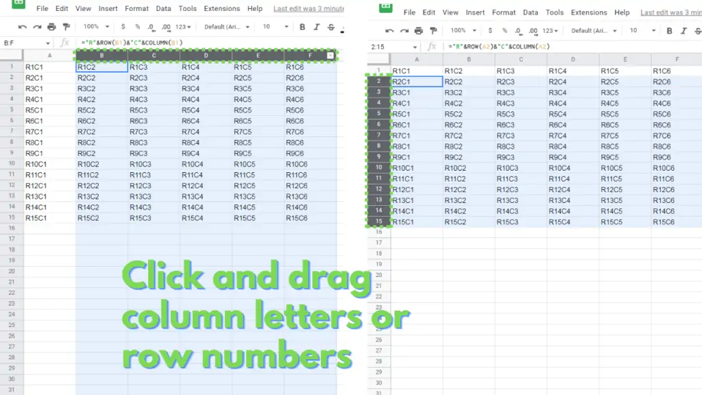Selecting columns or rows by clicking their column letters or row numbers