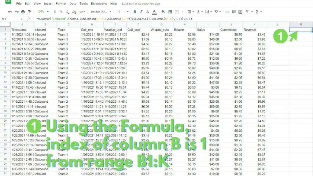 Index of column B