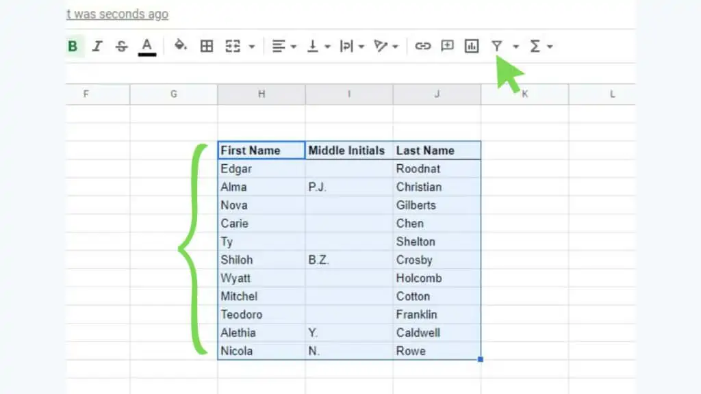 A range with multiple columns with some blanks in the center column is selected