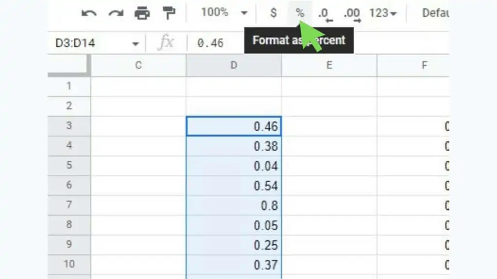 A selected range and the ‘Format as percent’ tool highlighted on the toolbar