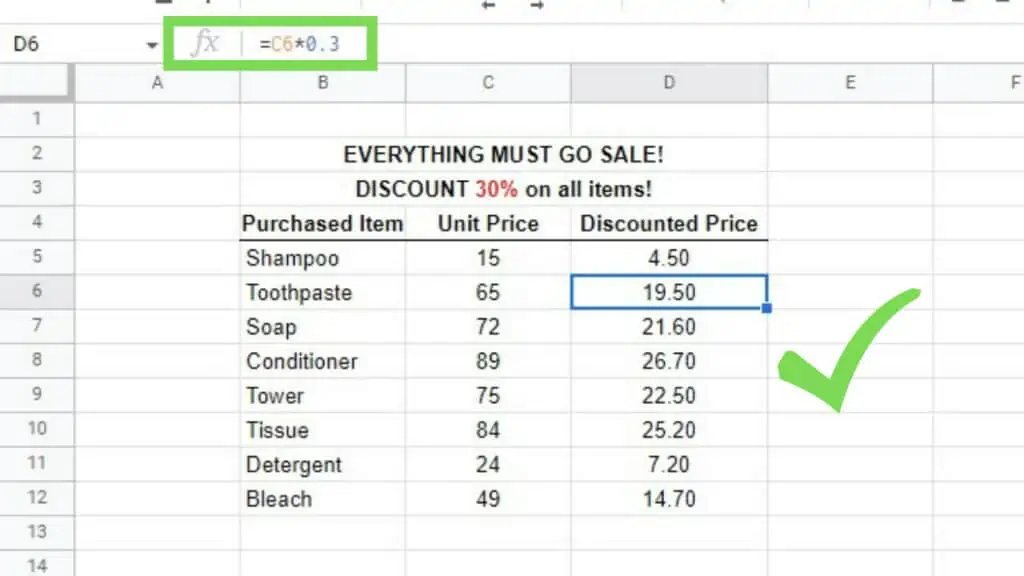 An example of a discount chart showing items along with their respective unit price and discounted prices.