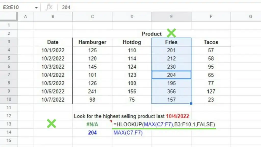 An example showing how HLOOKUP returns an error when the index row is not at the topmost position