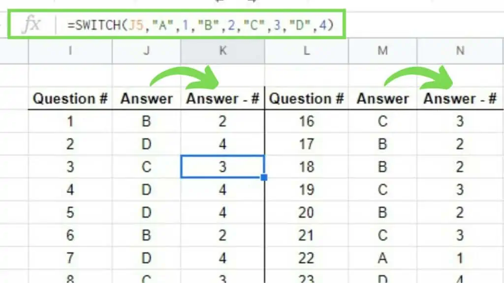 Creating an alternative method using the SWITCH Function to compute the mode of answers per question of an examination