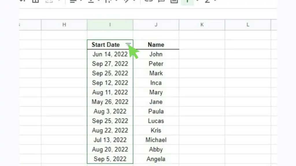 Database of employee names and their respective start dates with a filter applied on the date column
