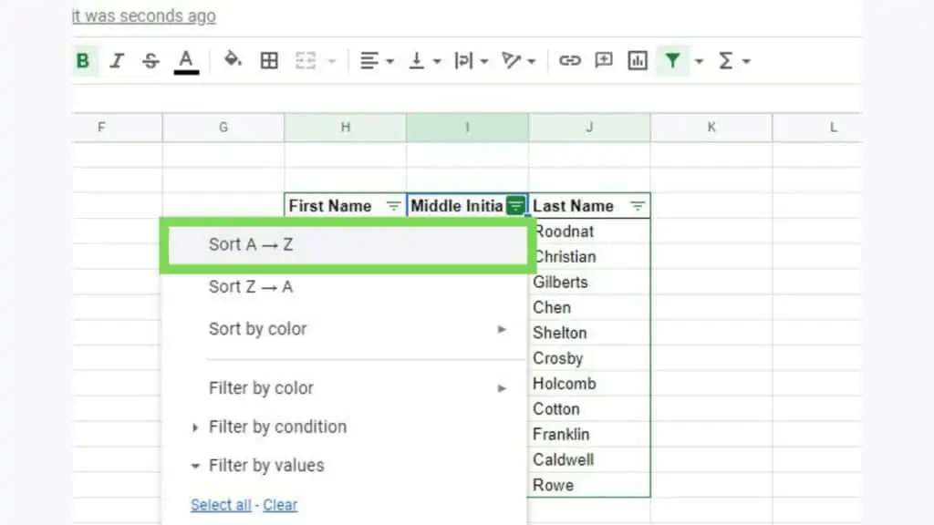 Displaying the sort and filter options for the middle column where sort A to Z is highlighted