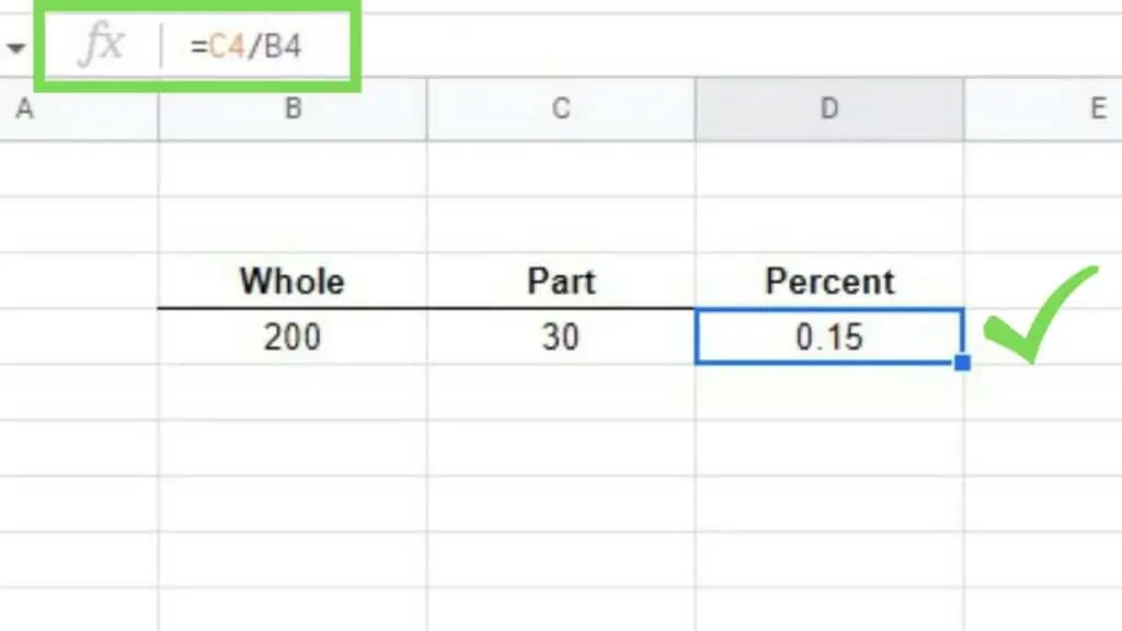 Part (30) in C4 is divided by the Whole (200) in B4 giving the Percent (0.15) as the output in fractional number form