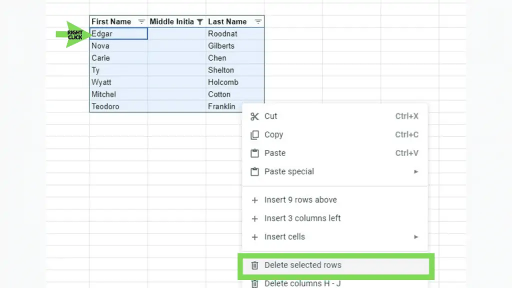 Selecting the filtered selected range with the context menu where the Delete selected rows option is highlighted