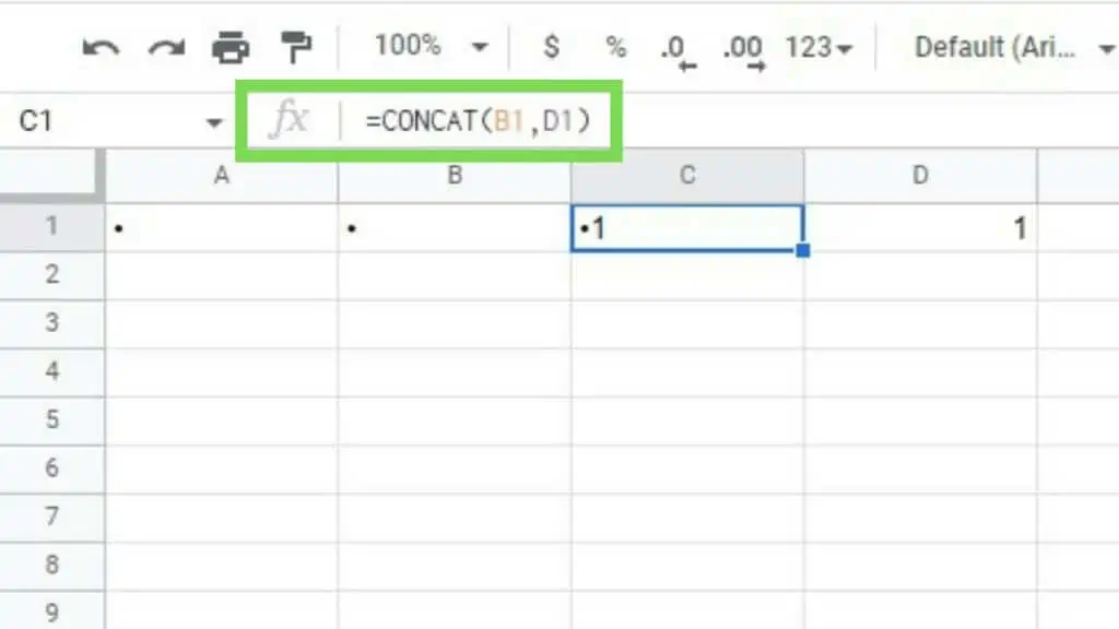 Application of the formula CHAR(8226) with the CONCAT function