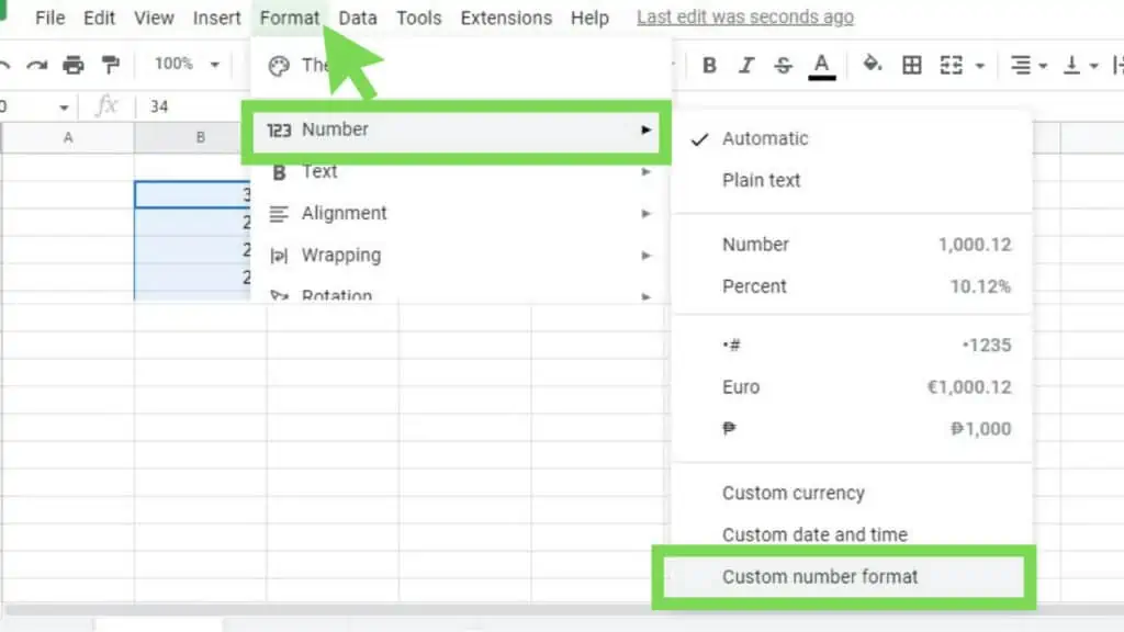 The ‘Format’ menu, ‘Number’ sub-menu, and the ‘Custom number format’ option