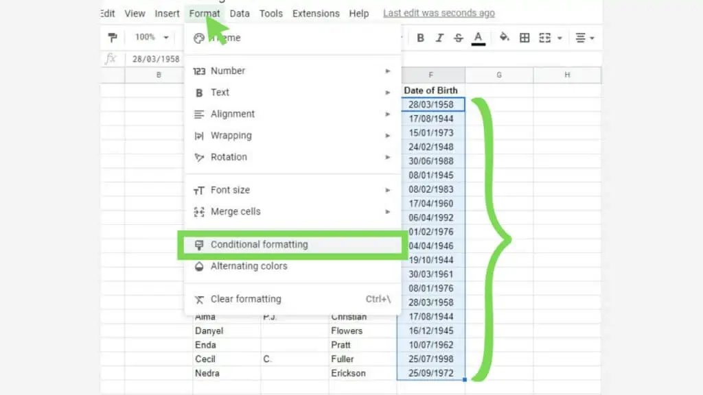 The ‘Format’ menu and the ‘Conditional Formatting’ option